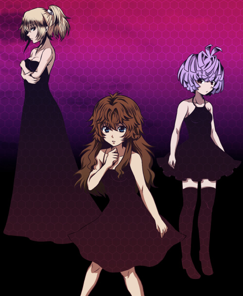 kuro (pizz66), chall acustica, gundam meister 874, hanayo, marlene vlady, gundam, gundam 00, gundam 00p, arm grab, black legwear, breast hold, 00s, 3girls, antenna hair, bare shoulders, blonde hair, blue eyes, bob cut, breasts, brown hair, cleavage, dark, dress, flat chest, formal clothes, frown, halterneck, long hair, multiple girls, ponytail, purple hair, red eyes, short dress, short hair, small breasts, standing, thighhighs, zettai ryouiki