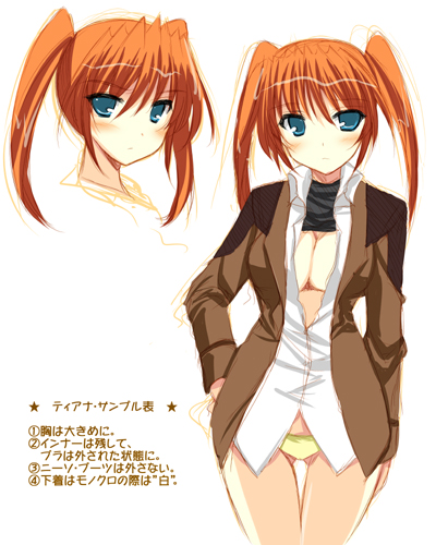 ibuki pon, teana lanster, lyrical nanoha, mahou shoujo lyrical nanoha, mahou shoujo lyrical nanoha strikers, lowres, 00s, 1girl, breasts, cleavage, military, military uniform, open clothes, open shirt, panties, shirt, twintails, underwear