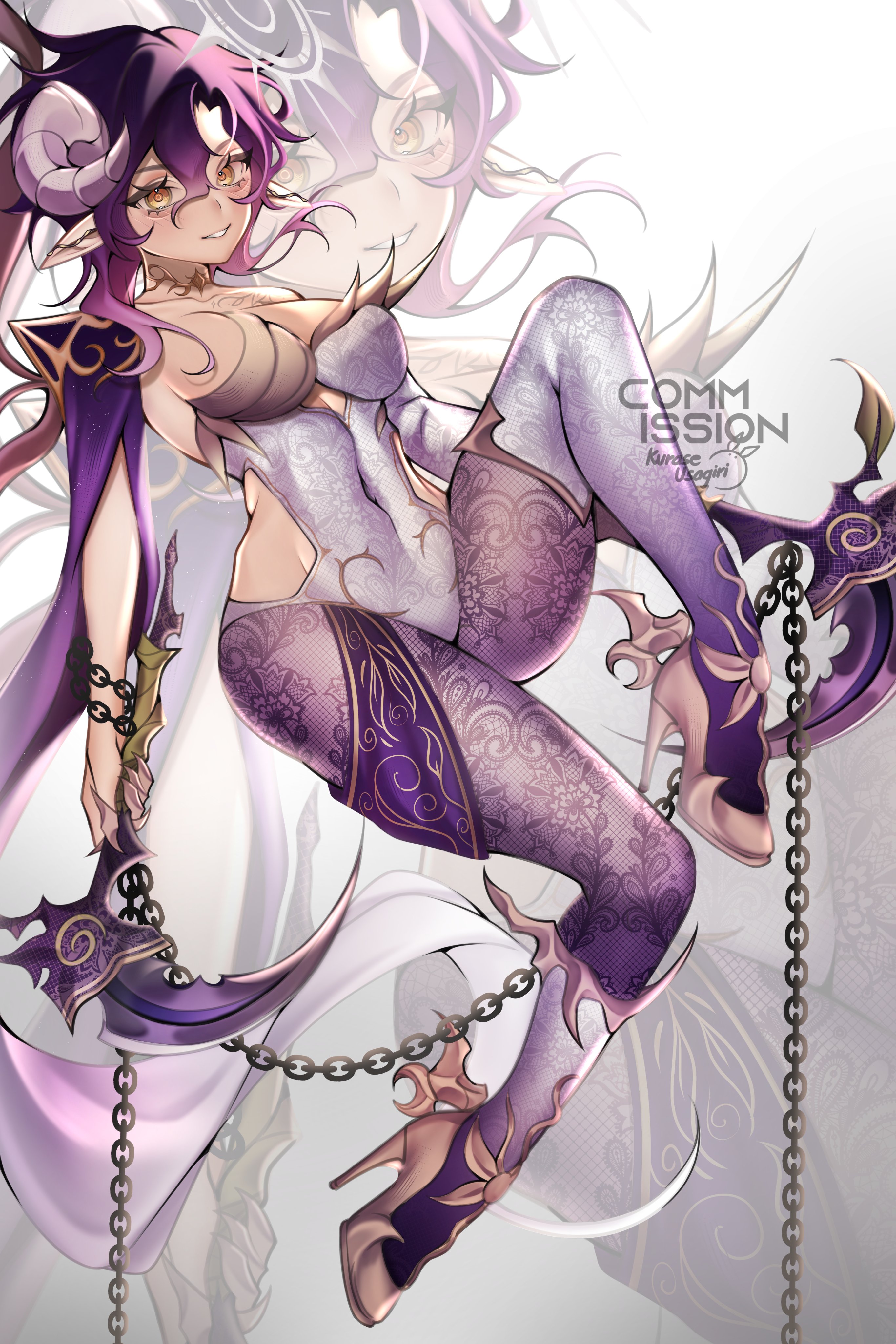 kurase 07, indie virtual youtuber, absurdres, commentary, commission, english commentary, highres, vgen commission, 1girl, aegyo sal, bodysuit, breasts, chain, clothing cutout, covered navel, curled horns, double-parted bangs, full body, hair between eyes, high heels, holding, holding scythe, horns, husherx (vtuber), knee up, large breasts, looking at viewer, medium hair, parted lips, pointy ears, purple bodysuit, purple hair, scythe, shoes, side cutout, single bare shoulder, single horn, smile, solo focus, virtual youtuber, white background, yellow eyes, yellow shoes, zoom layer