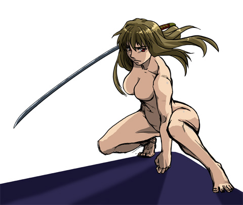 mura, mura (kiyohime), fujino shizuru, shizuru viola, my-hime, my-otome, lowres, 00s, 1girl, barefoot, breasts, brown hair, feet, female focus, full body, large breasts, long hair, no nipples, nude, red eyes, solo, squatting, sword, weapon