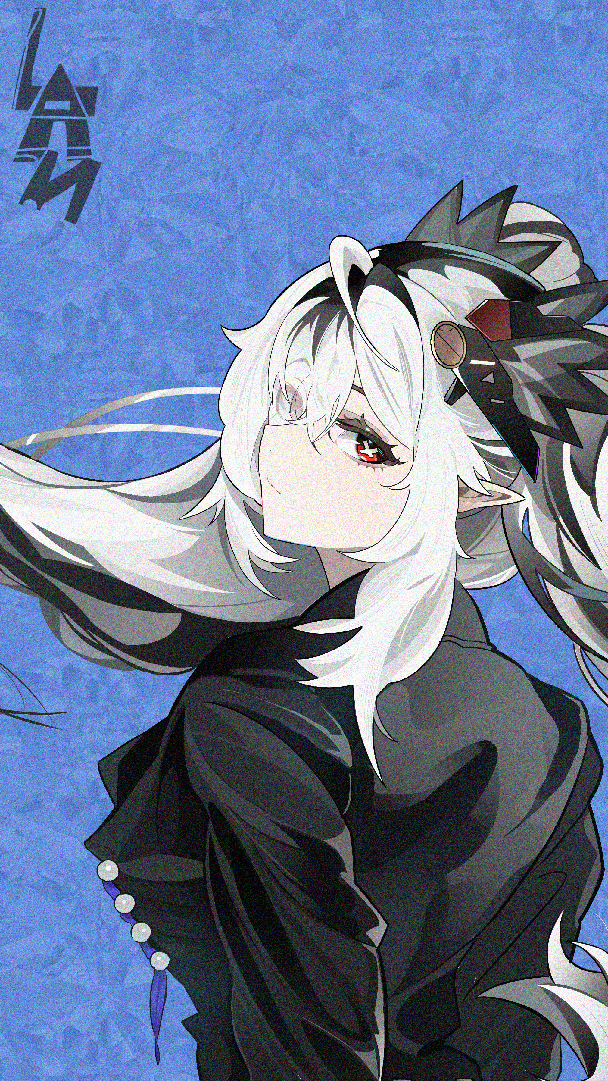 fley-lan, jetavie (pgr), punishing: gray raven, absurdres, highres, 1girl, ahoge, black hair, black jacket, from behind, grey hair, hair between eyes, hair ornament, jacket, long hair, looking back, multicolored hair, pointy ears, red eyes, sidelocks, solo, streaked hair, symbol-shaped pupils, twintails, x-shaped pupils