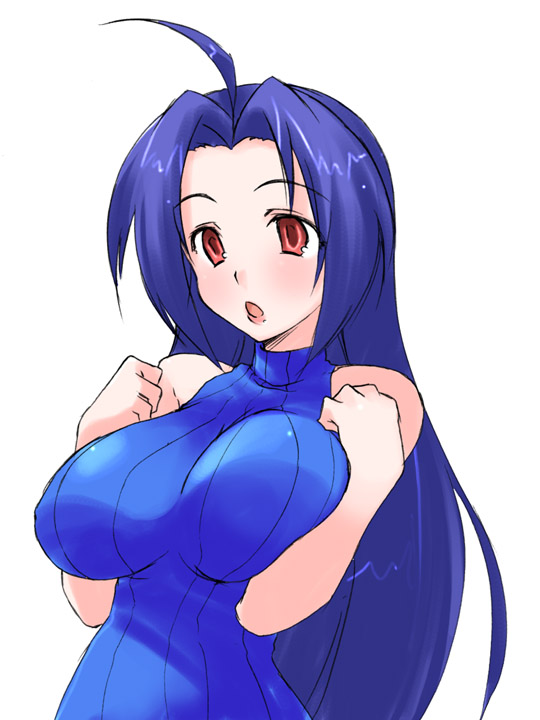miura azusa, idolmaster, idolmaster (classic), idolmaster 1, 00s, bare shoulders, blue hair, breasts, huge breasts, long hair, red eyes, sleeveless, sleeveless turtleneck, solo, turtleneck