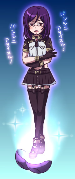 bad haro, haro, tieria erde, gundam, gundam 00, 00s, 1girl, female focus, genderswap, genderswap (mtf), glasses, gloves, purple hair, solo, thighhighs, zettai ryouiki