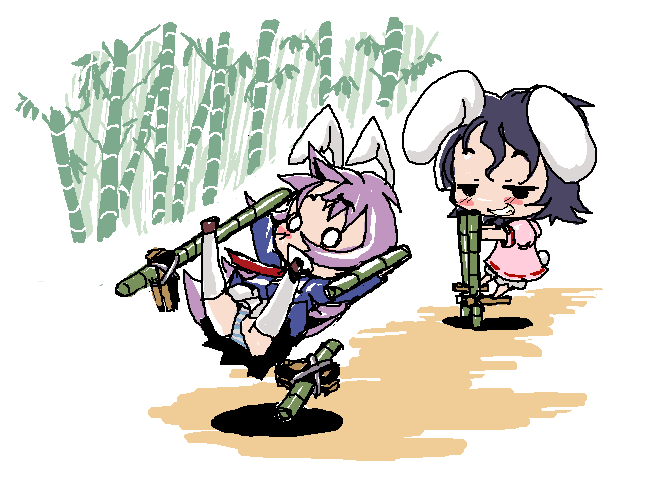 baku taso, itigekimaru, inaba tewi, reisen udongein inaba, touhou, 2girls, accident, animal ears, chibi, female focus, grin, multiple girls, o o, panties, pantyshot, prank, rabbit ears, smile, stilts, striped clothes, striped panties, underwear