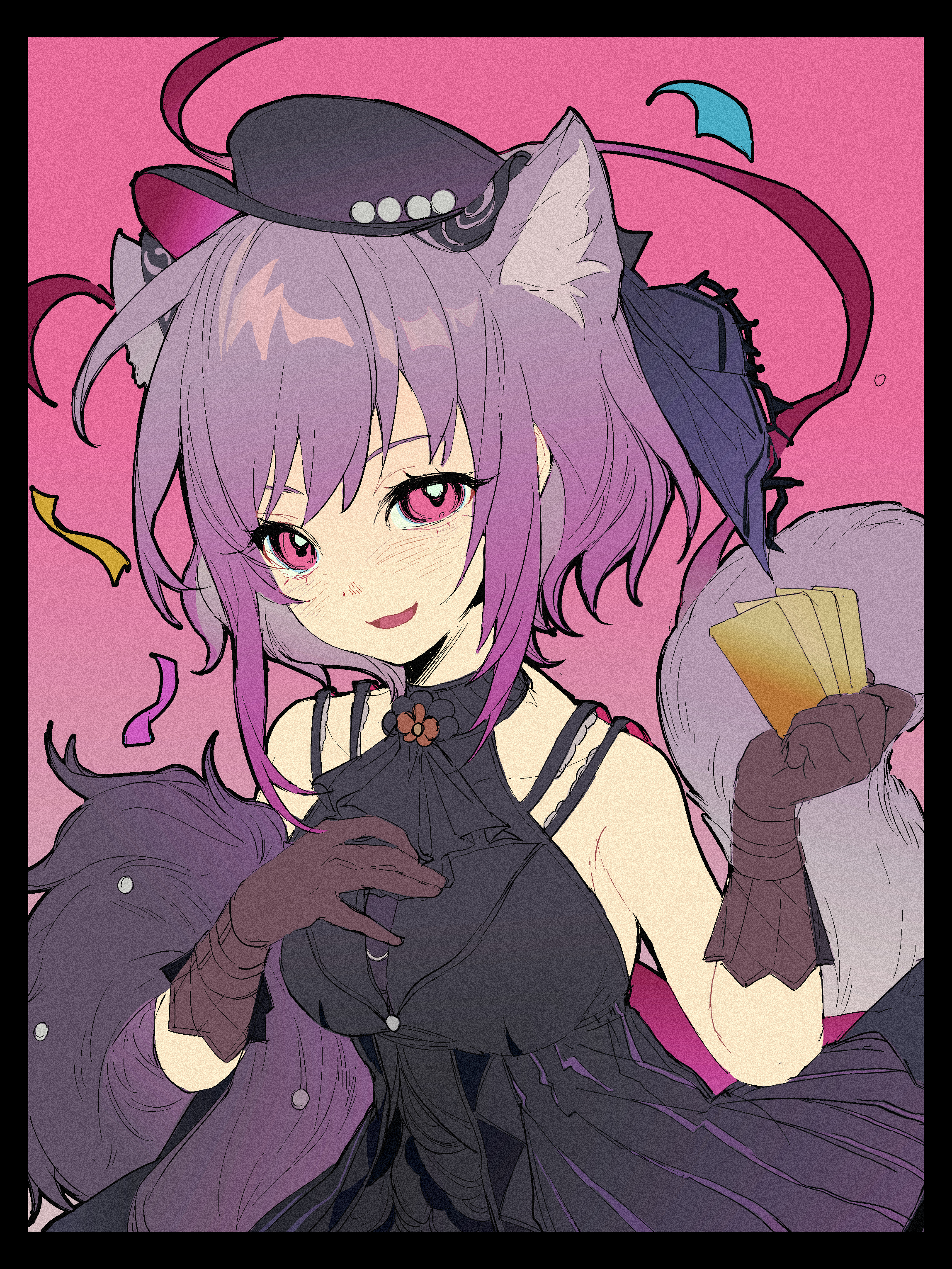 yuutenji nyamu, arknights, bang dream!, bang dream! it's mygo!!!!!, absurdres, commentary, highres, symbol-only commentary, 1girl, animal ear fluff, animal ears, ascot, bare shoulders, black ascot, black border, black dress, black hat, border, breasts, brown gloves, card, cat ears, cat girl, cat tail, confetti, cowboy shot, dress, gloves, hand on own chest, hands up, hat, holding, holding card, large breasts, looking at viewer, nanniangma, open mouth, pink background, purple eyes, purple hair, short hair, sleeveless, sleeveless dress, smile, solo, tail, yuutenji nyamu (magician of passion)