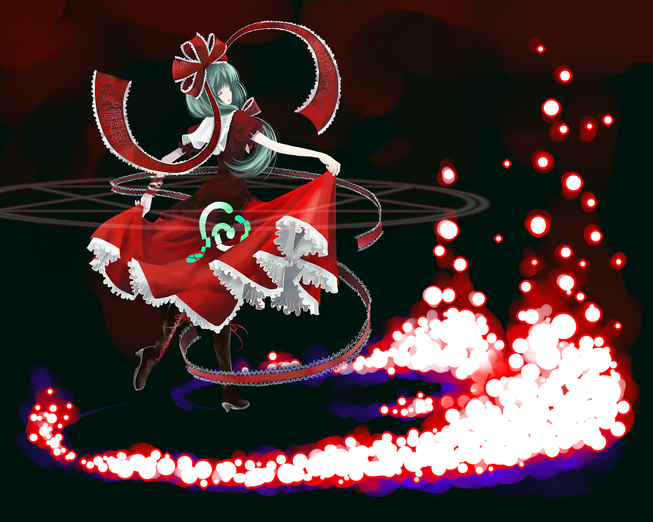 kintaro, kagiyama hina, touhou, 1girl, arm ribbon, boots, closed eyes, clothes grab, danmaku, dress, dress grab, female focus, frilled dress, frills, from behind, front ponytail, green hair, hair ribbon, high heel boots, high heels, knee boots, long hair, magic circle, parted lips, red dress, ribbon, shoes, short sleeves, skirt hold, solo, spinning