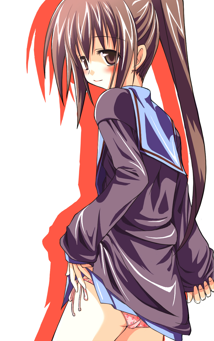 stargate (artist), kyon, kyonko, suzumiya haruhi no yuuutsu, bad id, bad pixiv id, highres, 00s, 1girl, blush, cardigan, female focus, genderswap, genderswap (mtf), panties, pantyshot, ponytail, school uniform, side-tie panties, solo, underwear