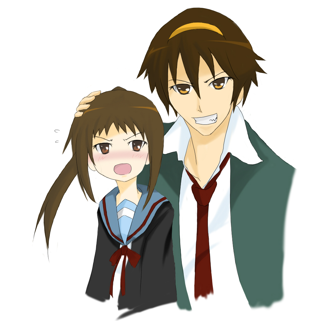 kyon, kyonko, suzumiya haruhi, suzumiya haruhiko, suzumiya haruhi no yuuutsu, bad id, bad pixiv id, 00s, 1boy, 1girl, bad anatomy, blush, genderswap, genderswap (ftm), genderswap (mtf), ponytail, poorly drawn