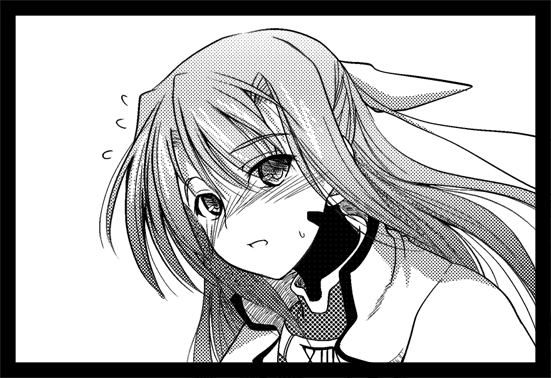 soba (saz), ginga nakajima, lyrical nanoha, mahou shoujo lyrical nanoha, mahou shoujo lyrical nanoha strikers, 00s, 1girl, female focus, flying sweatdrops, gloves, greyscale, long hair, looking at viewer, monochrome, simple background, solo, very long hair, white background
