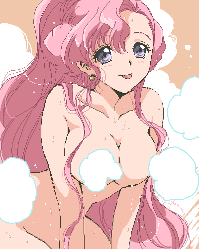 akina tsukako, euphemia li britannia, code geass, lowres, 00s, 1girl, :p, bathing, blush, breasts, censored, completely nude, convenient censoring, donut hair bun, earrings, female focus, hair bun, jewelry, large breasts, long hair, nude, oekaki, pink hair, purple eyes, solo, steam, steam censor, tongue, tongue out, wet, wet hair