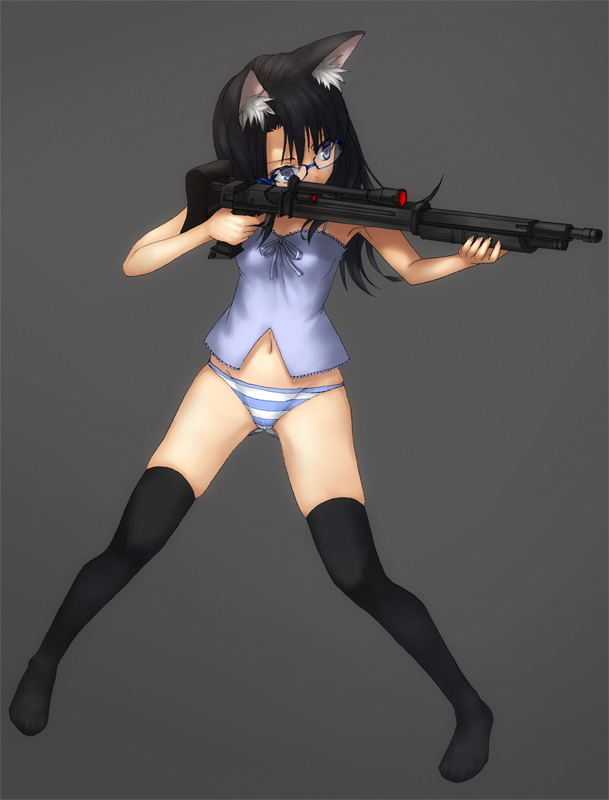 shouhei, original, animal ears, camisole, cat ears, glasses, gun, legs, panties, shotgun, solo, striped clothes, striped panties, thighhighs, underwear, weapon