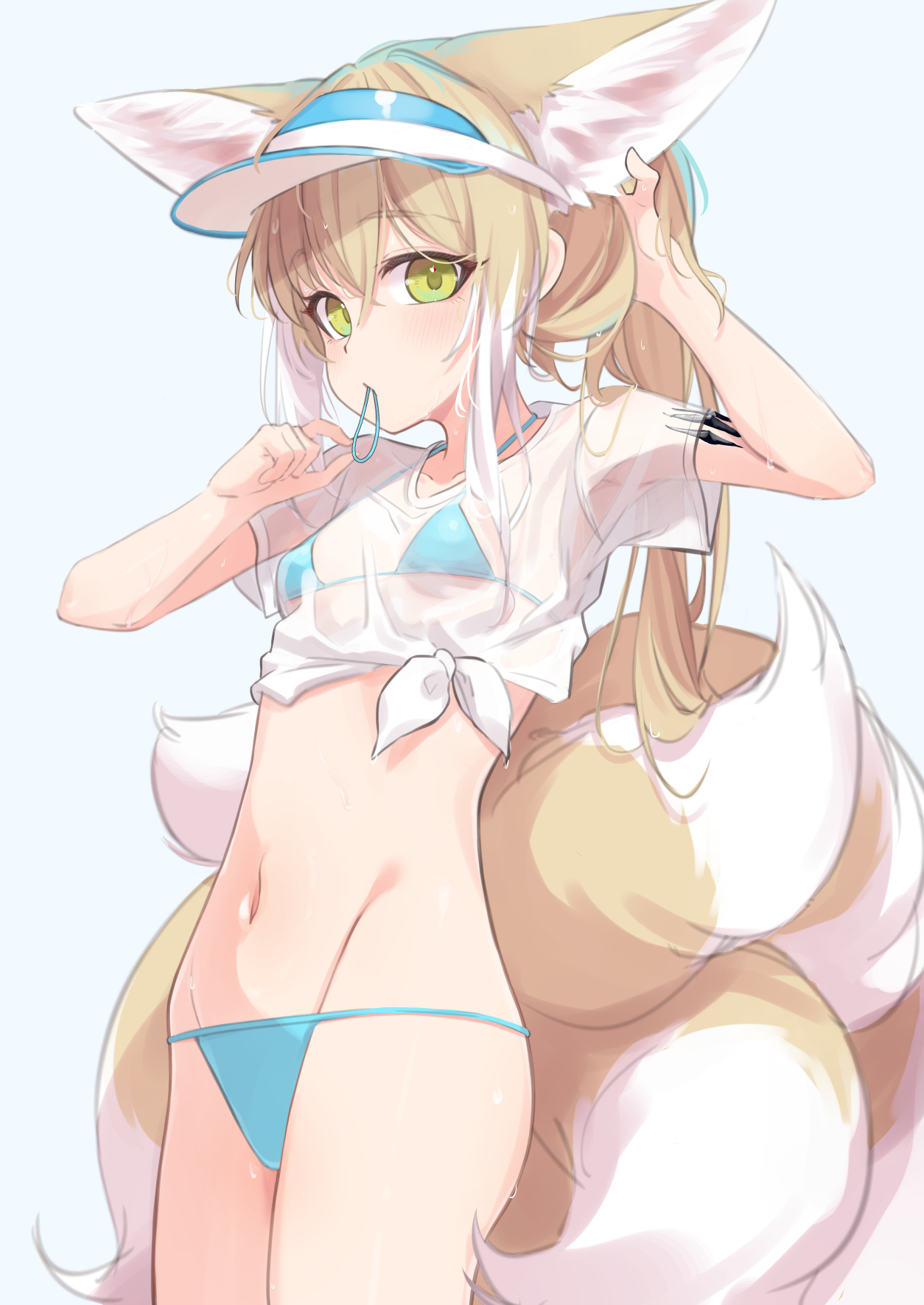 yakurope-moko, suzuran (arknights), arknights, highres, 1girl, animal ear fluff, animal ears, arms up, bikini, bikini under clothes, blonde hair, blue bikini, blue visor, breasts, fox ears, fox girl, fox tail, green eyes, hair tie, long hair, mouth hold, multiple tails, navel, see-through clothes, see-through shirt, shirt, small breasts, solo, stomach, swimsuit, tail, tying hair, visor cap, white shirt
