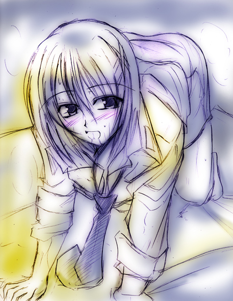 zinno, yagami hayate, lyrical nanoha, mahou shoujo lyrical nanoha, mahou shoujo lyrical nanoha a's, mahou shoujo lyrical nanoha strikers, 00s, 1girl, all fours, blue eyes, blue hair, blush, eyeball, female focus, hair ornament, long sleeves, looking at viewer, matching hair/eyes, purple theme, short hair, solo, x hair ornament