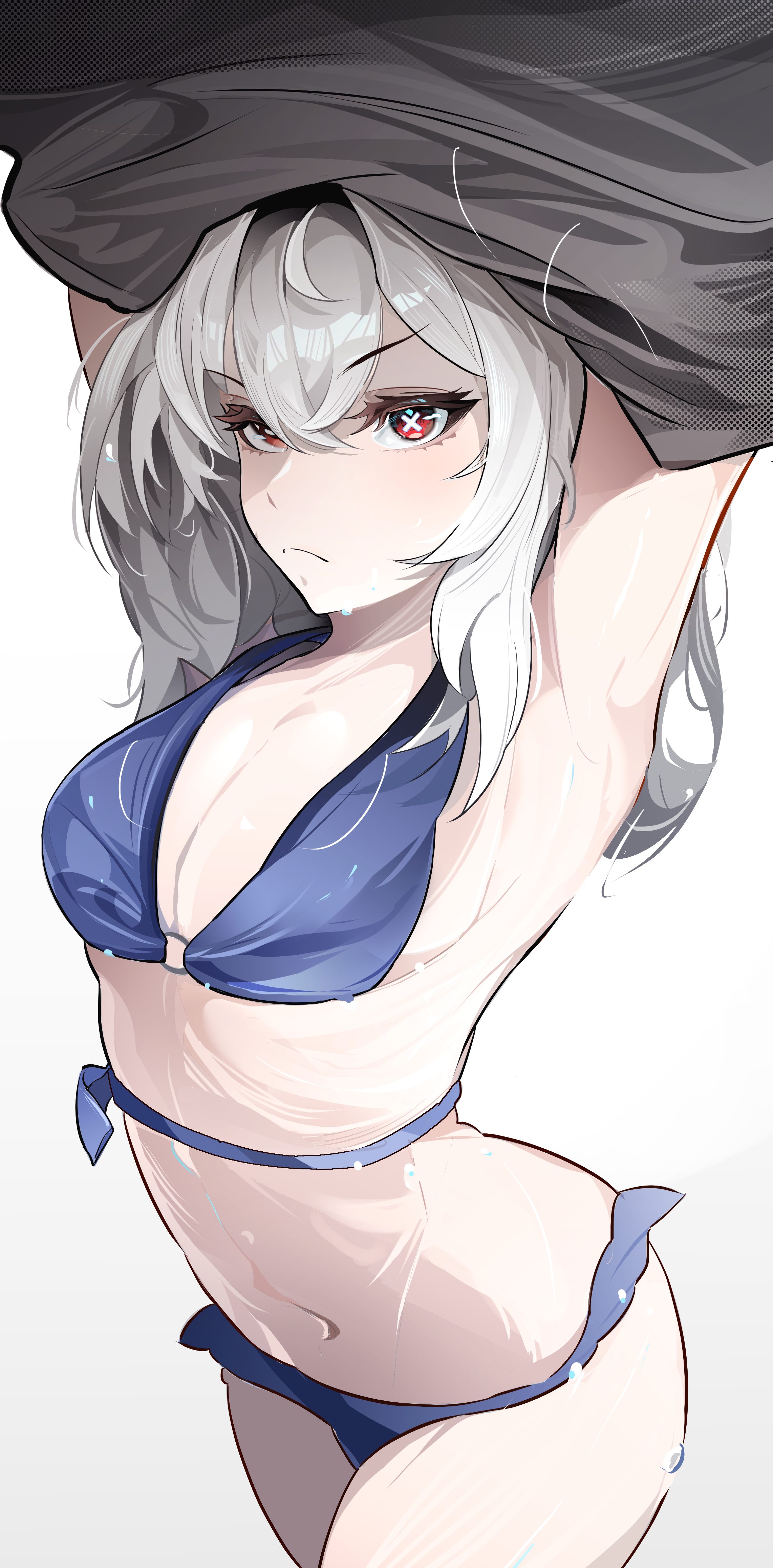 fley-lan, jetavie (pgr), punishing: gray raven, absurdres, highres, 1girl, alternate costume, armpits, hair between eyes, mismatched pupils, navel, red eyes, removing jacket, sidelocks, slit pupils, solo, sweat, swimsuit, symbol-shaped pupils, x-shaped pupils