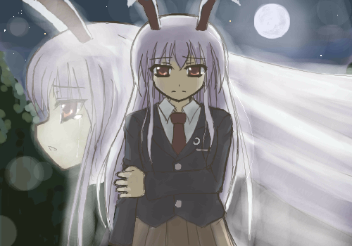 kuroneko no toorimichi, takuzui, reisen udongein inaba, touhou, lowres, 1girl, animal ears, female focus, moon, multiple views, outdoors, rabbit ears, sky, standing