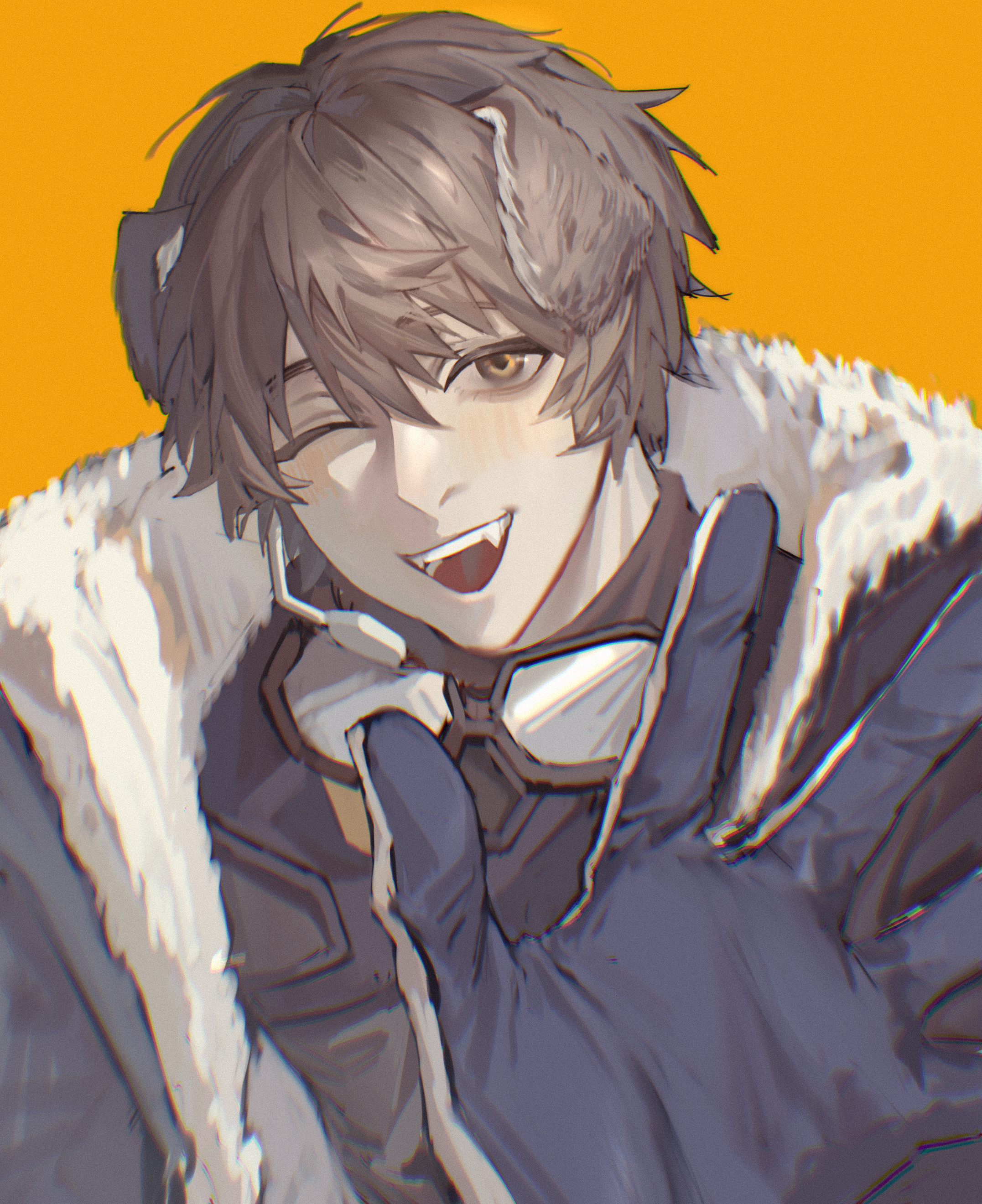 greyy (arknights), greyy the lightningbearer (arknights), arknights, absurdres, artist request, highres, 1boy, animal ears, brown coat, brown hair, brown jacket, coat, dog boy, dog ears, gloves, goggles, goggles around neck, jacket, male focus, one eye closed, orange background, short hair, smile, yellow eyes