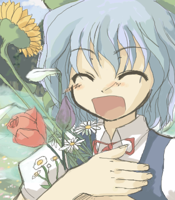 kuroneko no toorimichi, takuzui, cirno, embodiment of scarlet devil, touhou, lowres, 1girl, ^ ^, bouquet, closed eyes, daisy (flower), day, female focus, flower, happy, holding, holding bouquet, oekaki, open mouth, outdoors, smile, solo