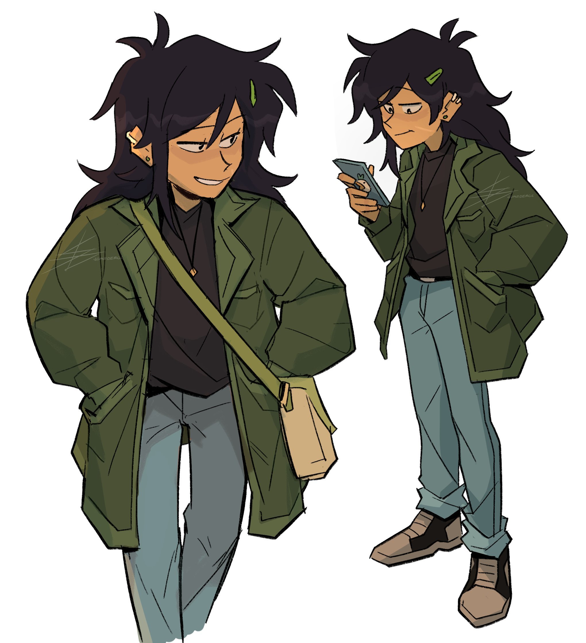 shimmyoh, marcy wu, amphibia, highres, 1girl, aged up, artist name, bag, baggy clothes, black hair, black shirt, casual, coat, denim, ear piercing, earrings, green coat, green hair ornament, grin, hair ornament, hairclip, hands in pockets, holding, holding phone, jeans, jewelry, long hair, looking at phone, messy hair, multiple views, necklace, pants, phone, piercing, shirt, shoulder bag, simple background, smile, standing, stud earrings, white background