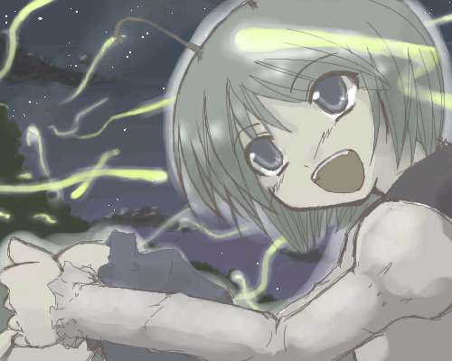 kuroneko no toorimichi, takuzui, wriggle nightbug, touhou, lowres, 1girl, antennae, blouse, bug, female focus, fireflies, firefly, frilled shirt, frills, hugging own legs, insect, night, open mouth, shirt, sitting, smile, solo, star (sky), white shirt