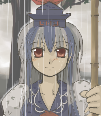 kuroneko no toorimichi, takuzui, kamishirasawa keine, touhou, lowres, 1girl, blue hat, female focus, hat, outdoors, rain, sky, solo