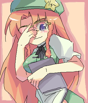 urara (ckt), hong meiling, embodiment of scarlet devil, touhou, lowres, 1girl, adjusting eyewear, bespectacled, female focus, glasses, green hat, hat, oekaki, solo