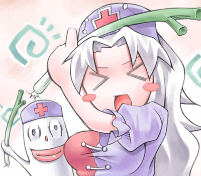 nyagakiya, yagokoro, yagokoro eirin, touhou, lowres, > <, 2girls, breasts, chibi, closed eyes, female focus, multiple girls, solo, spring onion, upper body