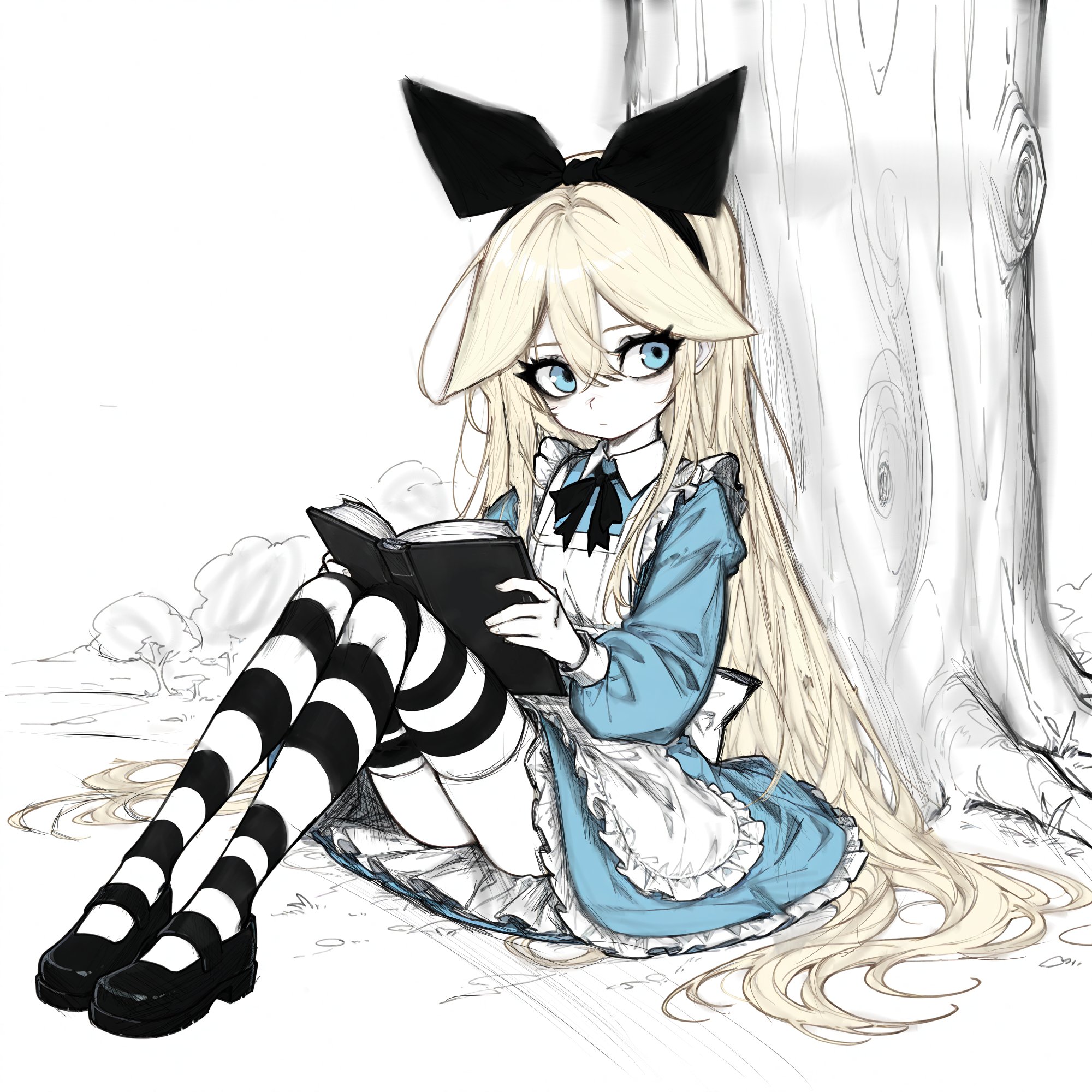 original, highres, alice grimm, black bow, blonde hair, blue dress, bow, dress, mary janes, shoes, striped clothes, striped thighhighs, thighhighs, virtual youtuber