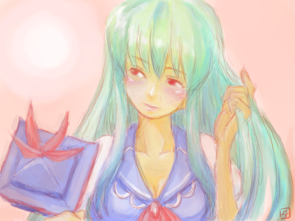 roku, roku (warrock), kamishirasawa keine, touhou, looking away, 1girl, aqua hair, blush, breasts, cleavage, female focus, hand in own hair, hat, holding, holding own hair, holding unworn clothes, holding unworn hat, lips, long hair, medium breasts, multicolored eyes, multicolored hair, sketch, smile, solo, two-tone hair, unworn hat, unworn headwear, upper body, white hair