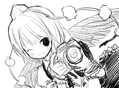 kiira, shameimaru aya, touhou, lowres, 1girl, camera, female focus, greyscale, hat, monochrome, solo, white background