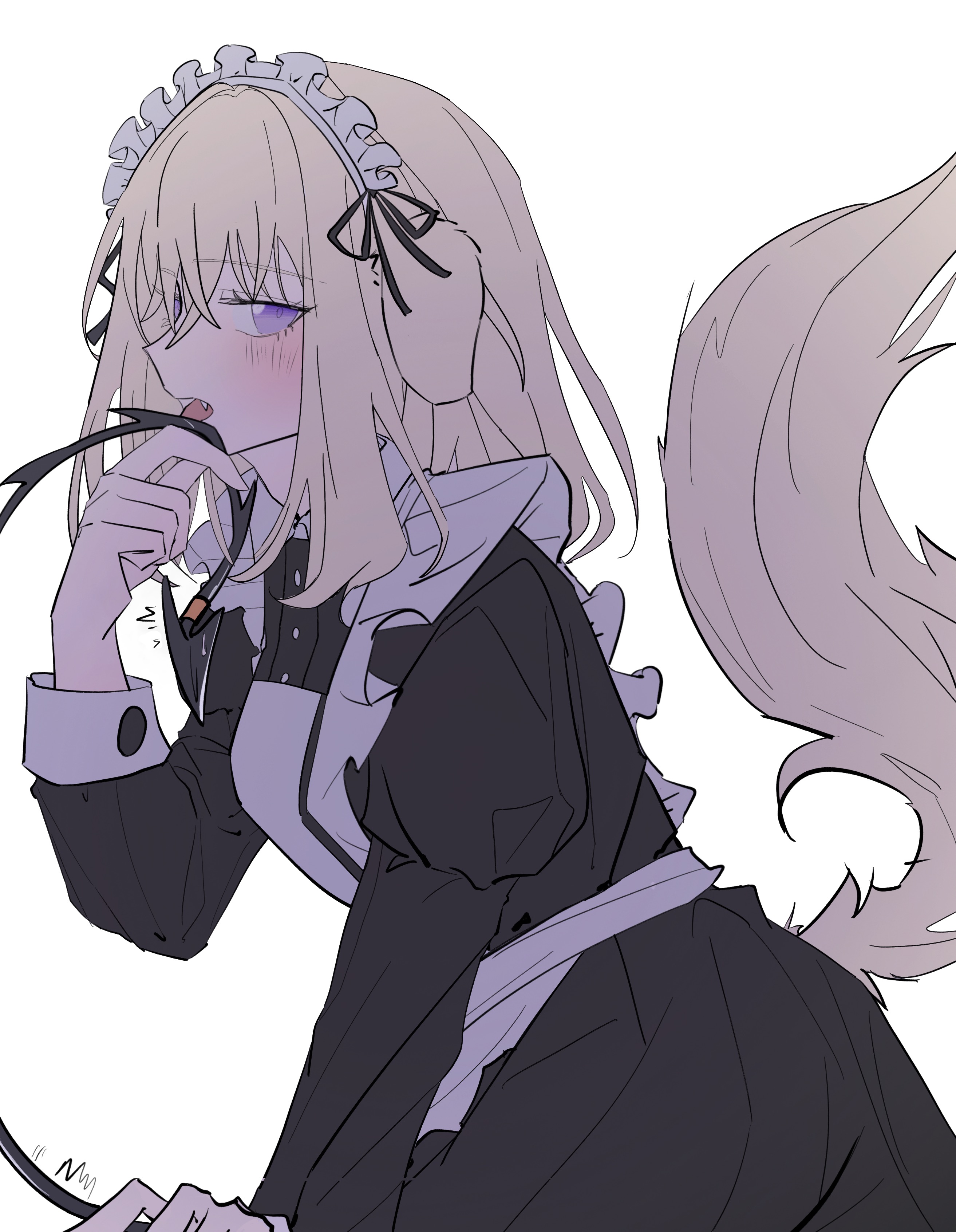 kira reader, misumi uika, togawa sakiko, arknights, bang dream!, bang dream! it's mygo!!!!!, absurdres, chinese commentary, commentary request, highres, 2girls, animal ears, apron, black dress, black ribbon, blonde hair, collared dress, cowboy shot, dog ears, dog girl, dog tail, dress, fang, frilled apron, frills, hair ribbon, hand up, holding another's tail, juliet sleeves, kemonomimi mode, licking, licking another's tail, long sleeves, looking at viewer, maid, maid headdress, medium hair, misumi uika (caged singer), multiple girls, open mouth, out of frame, puffy sleeves, purple eyes, ribbon, simple background, solo focus, tail, togawa sakiko (master of melodia), tongue, tongue out, white apron, white background, yuri