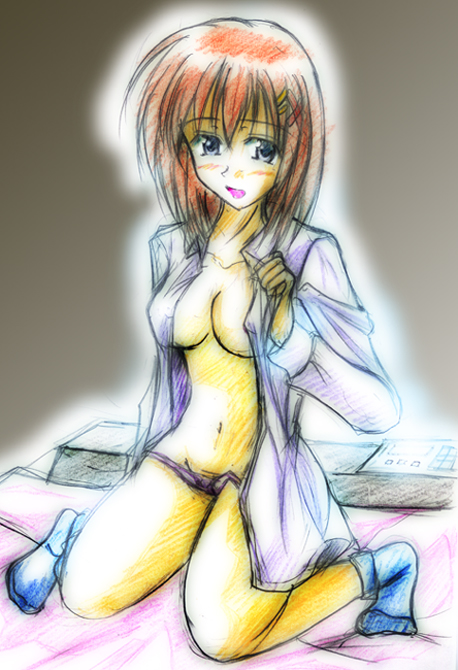 zinno, yagami hayate, lyrical nanoha, mahou shoujo lyrical nanoha, mahou shoujo lyrical nanoha strikers, 00s, 1girl, female focus, hair ornament, open clothes, open shirt, panties, shirt, solo, underwear, x hair ornament