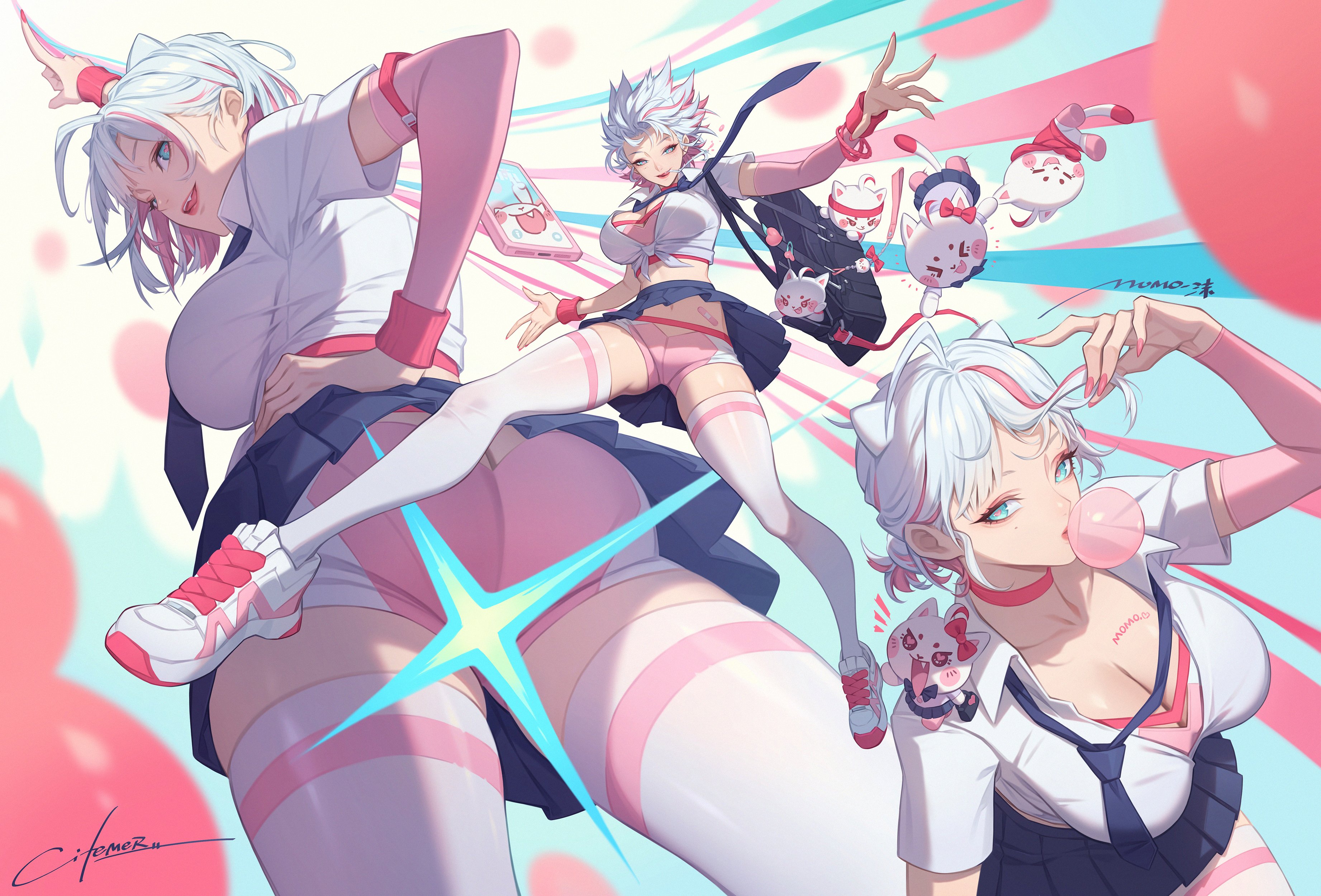 citemer, original, absurdres, highres, 1girl, ahoge, animal ears, armlet, artist name, ass, ass focus, bag, blowing bubble gum, blue eyes, blue necktie, blue skirt, breasts, cat, cat ears, cellphone, censored, character name, chewing gum, choker, cleavage, collarbone, crop top, extra ears, eyelashes, eyeshadow, fang, from above, from below, hair ornament, hairclip, heart, heart-shaped pupils, holding, holding own hair, jewelry, large breasts, lips, looking at viewer, makeup, midriff, momo (citemer), multicolored hair, multicolored shoes, multiple views, nail polish, navel, necktie, open clothes, open shirt, phone, pink choker, pink eyeshadow, pink hair, pink nails, pink pupils, pleated skirt, pointing, pointing up, school bag, school uniform, shirt, shoes, short hair, short sleeves, shorts, shorts under skirt, signature, skirt, smartphone, sneakers, solo, star censor, strap, striped hair, symbol-shaped pupils, teeth, thighhighs, upper teeth only, white hair, white shirt, white thighhighs