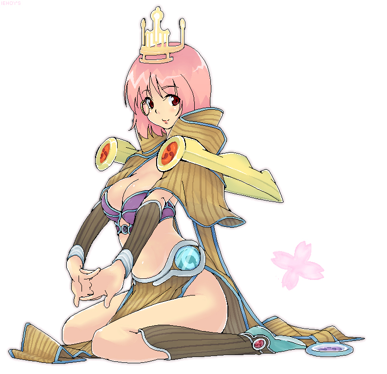 amami amayu, sage (ragnarok online), ragnarok online, 1girl, aqua shoes, breasts, cleavage, female focus, large breasts, lipstick, loincloth, makeup, midriff, pelvic curtain, pink hair, red eyes, shoes, short hair, simple background, sitting, smile, socks, solo, striped clothes, striped socks, thighs, vertical-striped clothes, vertical-striped socks, wariza, white background