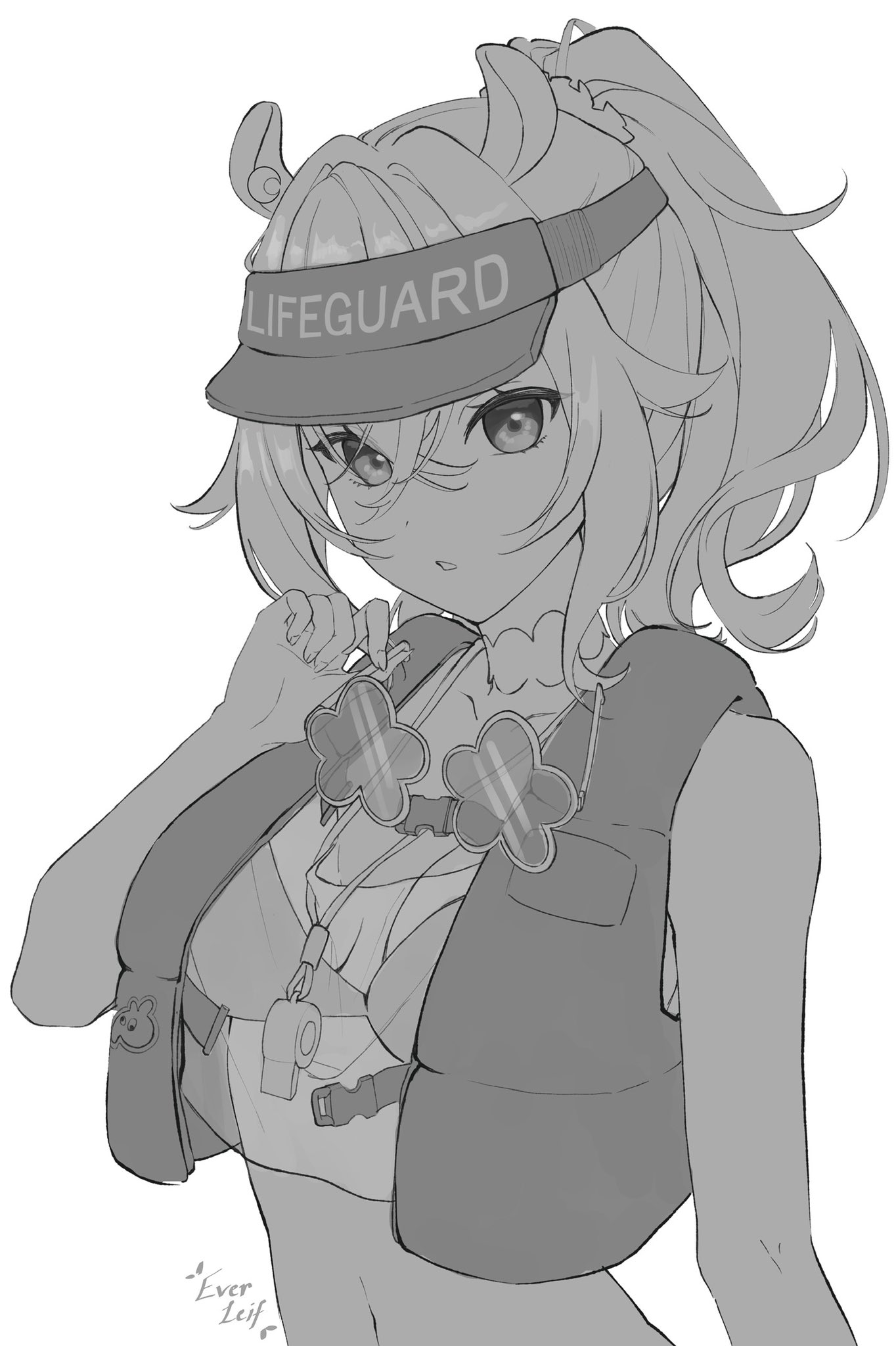 nimi nightmare, nimi nightmare (lifeguard), indie virtual youtuber, highres, 1girl, animal ears, bikini, choker, english text, ever leif, flower-shaped eyewear, greyscale, life vest, lifeguard, looking at viewer, monochrome, ponytail, see-through tank top, solo, swimsuit, tapir ears, tapir girl, unworn eyewear, virtual youtuber, visor cap, whistle, whistle around neck, white background