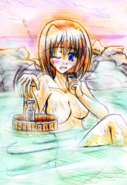 zinno, yagami hayate, lyrical nanoha, mahou shoujo lyrical nanoha, mahou shoujo lyrical nanoha strikers, 00s, 1girl, female focus, nude, onsen, solo