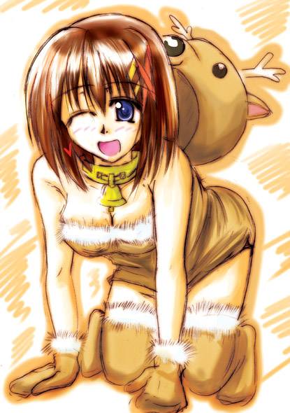 zinno, yagami hayate, lyrical nanoha, mahou shoujo lyrical nanoha, mahou shoujo lyrical nanoha strikers, 1girl, animal costume, cosplay, female focus, hair ornament, kneeling, reindeer costume, solo, thighhighs, x hair ornament, zettai ryouiki