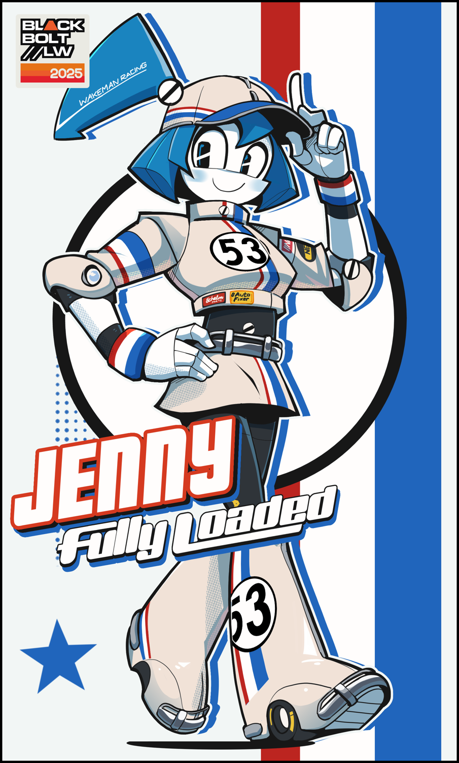 blackbolt lonewolf, jenny wakeman, my life as a teenage robot, highres, 1girl, adjusting clothes, adjusting headwear, alternate costume, arm up, black eyes, closed mouth, full body, hand on own hip, hat, herbie (series), looking at viewer, robot girl, smile, solo, white hat