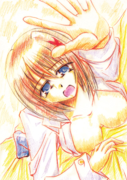 zinno, yagami hayate, lyrical nanoha, mahou shoujo lyrical nanoha, mahou shoujo lyrical nanoha strikers, 00s, 1girl, breasts, cleavage, female focus, hair ornament, large breasts, open clothes, open shirt, shirt, solo, x hair ornament