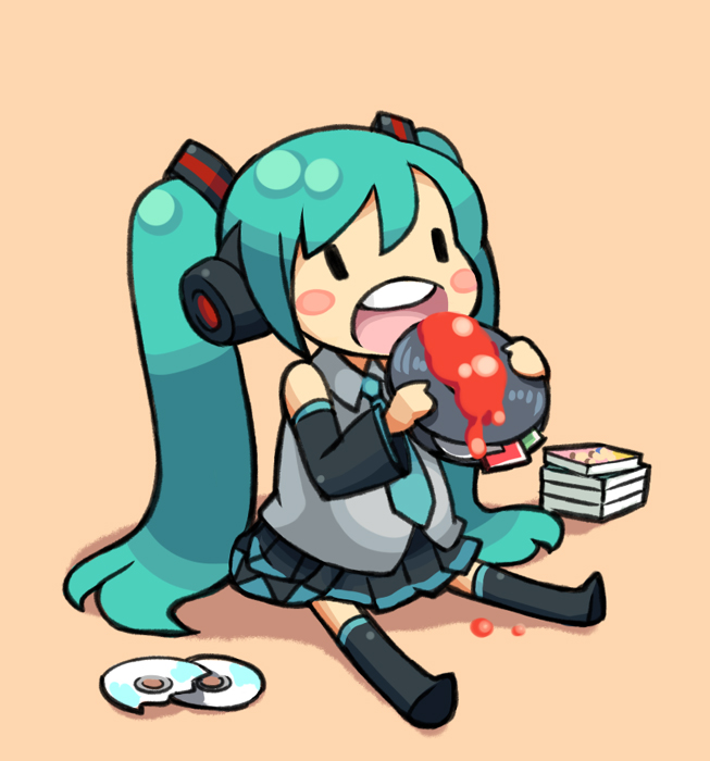 chan co, hatsune miku, vocaloid, 1girl, aqua hair, broken, cd, chibi, eating, female focus, full body, long hair, solo, thighhighs, very long hair, vinyl record