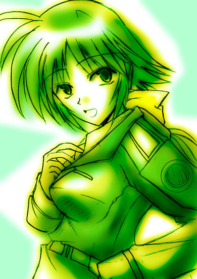 zinno, amy limietta, lyrical nanoha, mahou shoujo lyrical nanoha, mahou shoujo lyrical nanoha a's, uniform, 00s, 1girl, :d, belt, bow, breasts, female focus, green theme, hair bow, hand on own chest, long hair, long sleeves, looking at viewer, low ponytail, medium breasts, monochrome, open mouth, ponytail, smile, solo, two-tone background