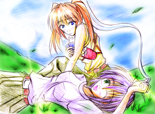 zinno, subaru nakajima, teana lanster, lyrical nanoha, mahou shoujo lyrical nanoha, mahou shoujo lyrical nanoha strikers, drawing, 00s, 2girls, ;d, bag, bare shoulders, belt, blue eyes, breasts, brown hair, buckle, day, drink, field, grass, green eyes, handbag, leaf, long hair, looking at viewer, lying, medium breasts, multiple girls, on back, one eye closed, open mouth, orange hair, outdoors, plant, sitting, smile, twintails, very long hair, wind