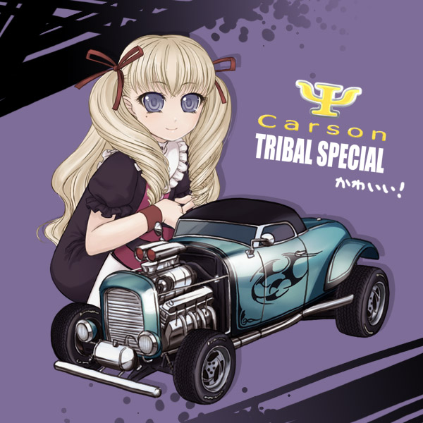 takanashi, lola (venus versus virus), burnout paradise, venus versus virus, 00s, 1girl, blonde hair, blue eyes, car, drill hair, female focus, frills, long hair, mole, mole under eye, motor vehicle, purple background, purple eyes, smile, solo, squatting, vehicle focus