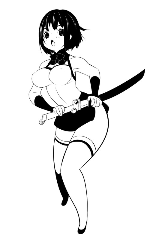 tensugi takashi, original, 1girl, female focus, greyscale, monochrome, solo, sword, thighhighs, weapon