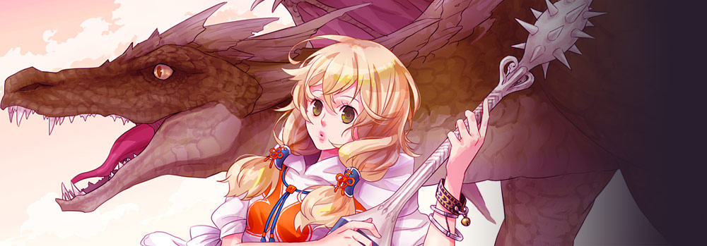 koaki, original, 1girl, :o, blonde hair, brooch, brown eyes, dragon, fantasy, female focus, gem, jewelry, long sleeves, looking at viewer, mace, monster, open mouth, parted lips, rod, sharp teeth, short hair, size difference, solo, spiked mace, spikes, staff, teeth, weapon, yellow eyes