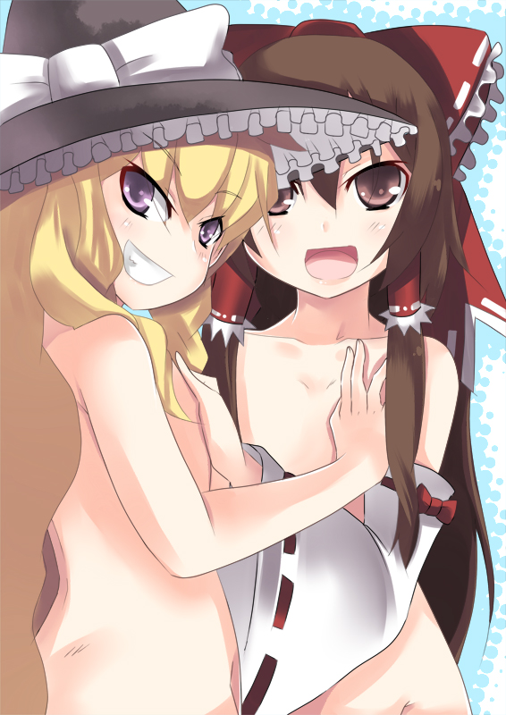 johnny funamushi, hakurei reimu, kirisame marisa, touhou, long image, tall image, 2girls, :d, back, bare shoulders, blonde hair, blush, bow, brown eyes, brown hair, collarbone, completely nude, detached sleeves, female focus, flat chest, grabbing another's breast, grin, groin, groping, hair between eyes, hair bow, hair tubes, hat, hat bow, hip focus, long hair, long sleeves, looking at viewer, looking back, multiple girls, nude, open mouth, out-of-frame censoring, purple eyes, smile, standing, teeth, wide sleeves, witch hat