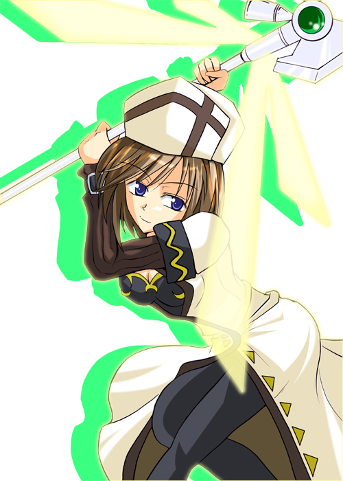 zinno, bardiche (nanoha), bardiche (sealing form) (nanoha), rynith, lyrical nanoha, mahou shoujo lyrical nanoha, mahou shoujo lyrical nanoha a's, 00s, 1girl, alternate weapon, blue eyes, borrowed weapon, brown hair, female focus, solo, weapon