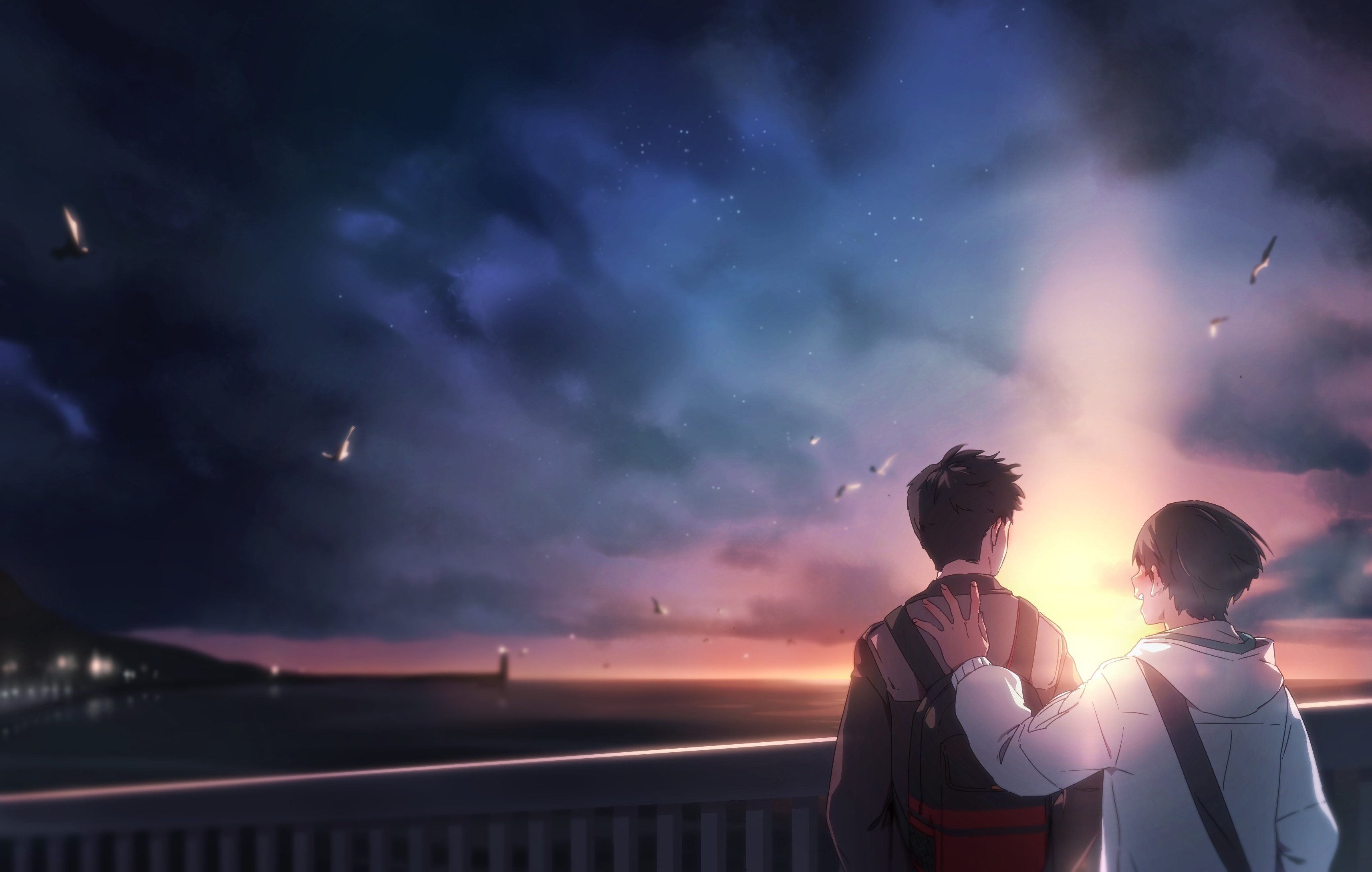 glimo, original, absurdres, bad id, bad pixiv id, highres, 2boys, backpack, bag, bird, black hair, bridge, cloud, cloudy sky, from behind, hand on another's back, hood, hoodie, horizon, jacket, male focus, multiple boys, ocean, scenery, short hair, shoulder bag, sky, sunset