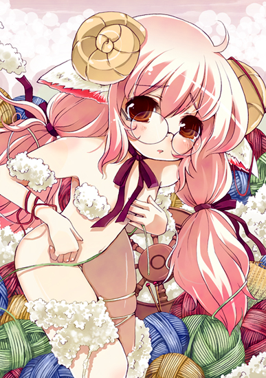 kaisanbutsu, original, 1girl, animal ears, blush, brown eyes, female focus, glasses, horns, long hair, pink hair, ribbon, sheep, solo, spinning wheel, topless female, wool, yarn, yarn ball