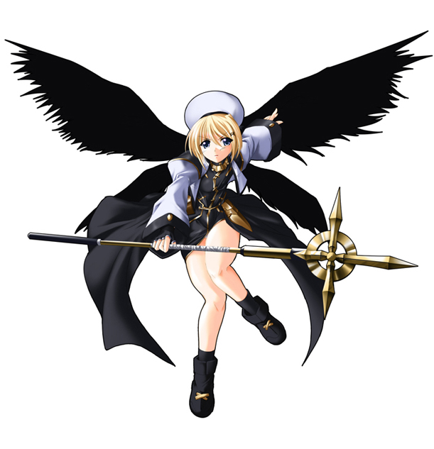 kanten, schwertkreuz, yagami hayate, lyrical nanoha, mahou shoujo lyrical nanoha, mahou shoujo lyrical nanoha strikers, 00s, 1girl, angel wings, blonde hair, blue eyes, bob cut, boots, dress, female focus, fingerless gloves, flat chest, full body, gloves, hair ornament, hairclip, hat, jacket, leg up, legs, magical girl, open clothes, open jacket, panties, pantyshot, short dress, short hair, simple background, solo, staff, standing, underwear, wings