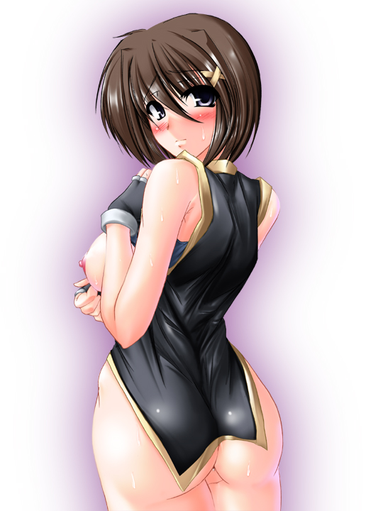 kanten, yagami hayate, lyrical nanoha, mahou shoujo lyrical nanoha, mahou shoujo lyrical nanoha strikers, breast hold, 00s, 1girl, ass, black hair, blue bra, blue eyes, blush, bob cut, bottomless, bra, bra lift, breasts, curvy, embarrassed, female focus, fingerless gloves, from behind, gloves, hair ornament, hairclip, large breasts, lingerie, looking back, nipples, short hair, sideboob, sleeveless, solo, standing, sweat, uncensored, underwear, x hair ornament